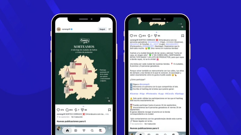Ejemplo de seis sorteos de premios según la ciudad elegida en los comentarios de un post, de Coren Grill.