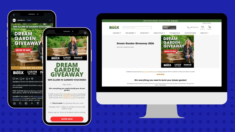 WoodBlocX giveaway campaign in collaboration with Garden on a Roll and PlantGrow, promoted on Instagram and on their website directing participants to an entry form landing page