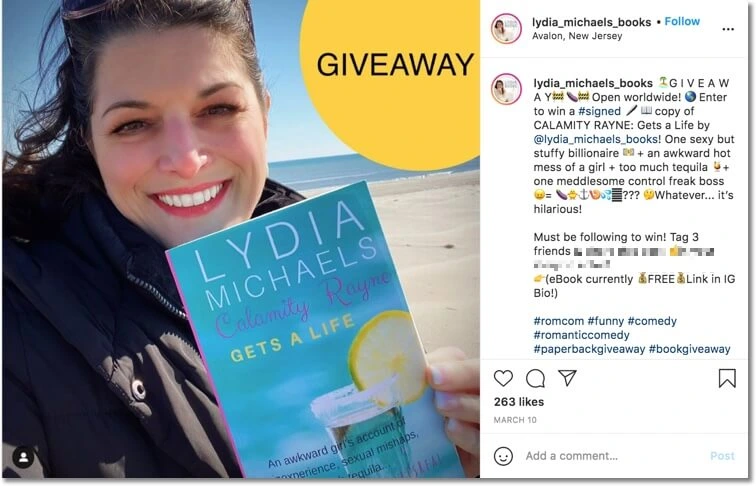 Instagram giveaway by an author asking users to tag friends to participate.
